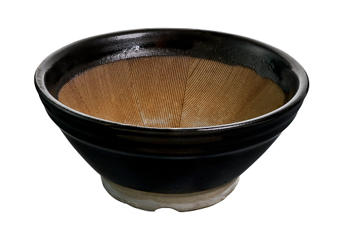 Vintage ceramic bowl, Empty black bowl isolated on white background with clipping path, Side view
