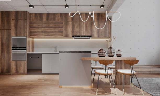 istock Contemporary dining interior with dining table and chairs.3D illustration 1363718672