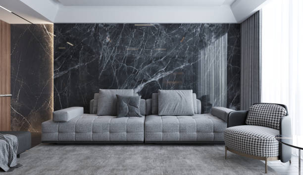 gray sofa with black marble pattern wall and wooden floor,white curtian beside. 3d illustration - black and white furniture entrance hall domestic room imagens e fotografias de stock