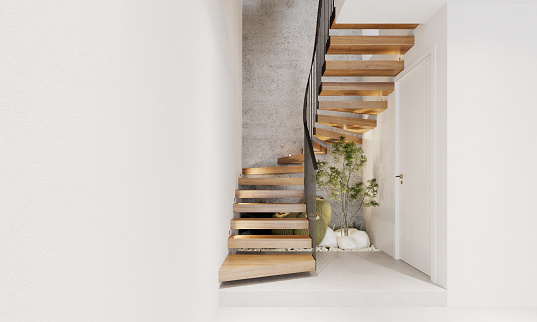 Mordern wooden stair with small garden below. 3D illustration