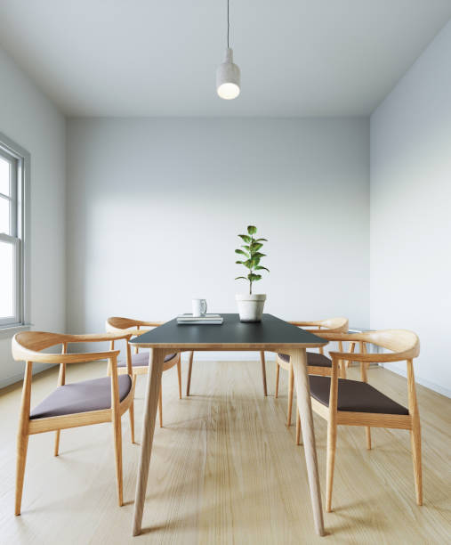 istock Dinning table and chair minimal style in white room. 3D illustration 1363718717
