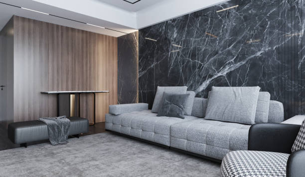 gray sofa with black marble pattern wall and wooden floor,white curtian beside. 3d illustration - black and white furniture entrance hall domestic room imagens e fotografias de stock