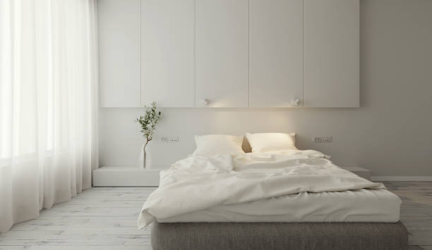 Minimal interior bedroom and daylight form window. 3D illustration
