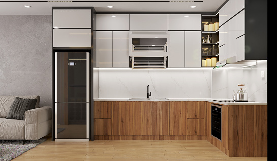 Modern Kitchen interior,with wooden cabinet, top table white marble. 3D illustration