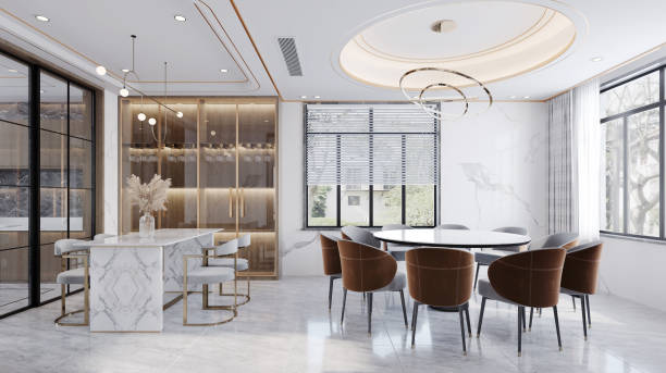 istock Modern classic dining interior with dining table and chairs.3D illustration 1363719420