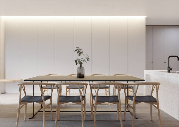 istock Contemporary dining interior with dining table and chairs.3D illustration 1363719628