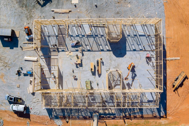 istock Aerial view framing of beams on new home under construction 1363719889
