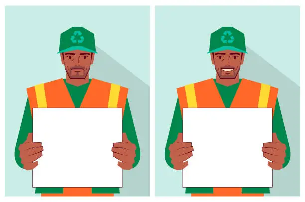 Vector illustration of A young sanitation worker in a reflective vest holds a blank sign with two different emotions