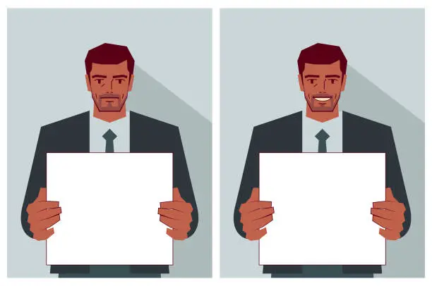 Vector illustration of A businessman (politician) holds a blank sign with two different emotions