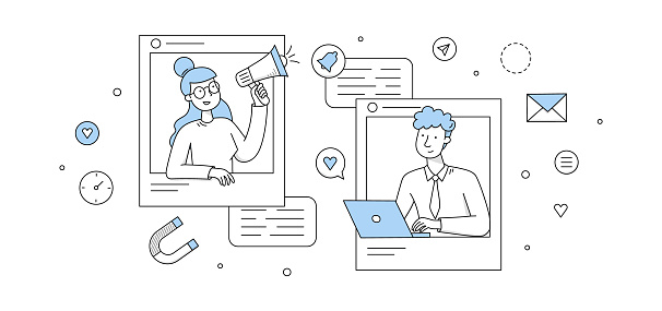 Social media marketing concept with people lead blog and icons of SMM. Vector doodle illustration of man with laptop, woman with megaphone, signs of email, magnet and heart