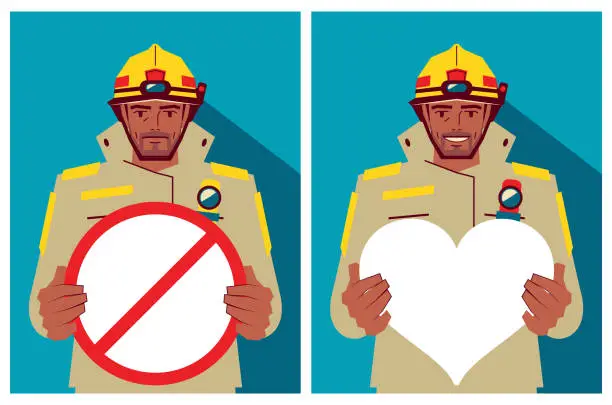 Vector illustration of A firefighter holds a heart shape sign and a prohibitory sign