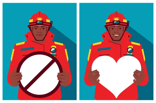 Vector illustration of A firefighter holds a heart shape sign and a prohibitory sign