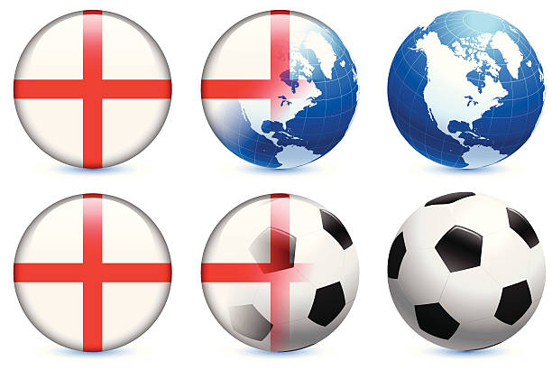 england flagge mit fußball ball und welt - england map soccer soccer ball stock-grafiken, -clipart, -cartoons und -symbole