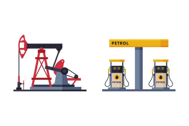 Vector illustration of Oil Well with Pumpjack as Overground Drive for Bringing Petroleum and Gas Filling Station Stand Vector Set