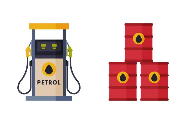 Vector illustration of Gas Filling Station with Gasoline Pump and Barrel with Oil as Facility with Fuel for Motor Vehicle Vector Set