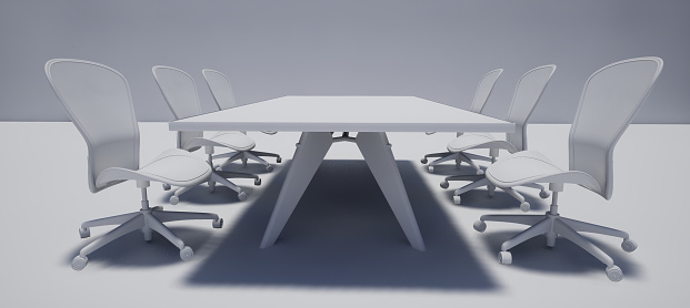 Completely white meeting room， 3D rendered illustration.