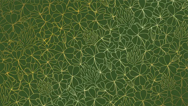 Vector illustration of Luxury elegant line art background golden clover leaves and flowers on olive green