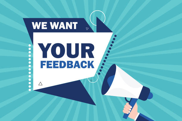 We want your feedback. Customer feedbacks survey opinion service, megaphone in hand promotion banner India, Advertisement ,Megaphone, Announcement Message, Alertness, Asking, Banner - Sign, Bubble, Business questionnaire stock illustrations