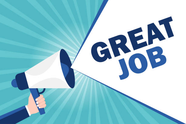 Hand holding megaphone with Great job speech bubble India, Congratulating, Occupation, A Helping Hand, Advice, Alphabet, Asking, Awe, Employee, Admiration quotes about winning stock illustrations