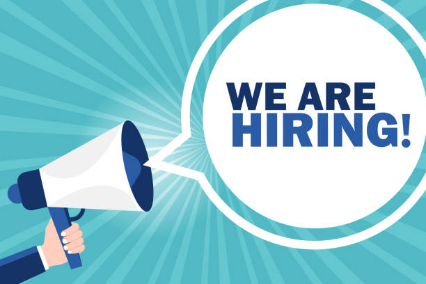 Hand holding megaphone with we are hiring speech bubble India, Recruitment, We are Hiring, Help Wanted Sign, Advertisement, Announcement Message, Teamwork, Connection hiring stock illustrations