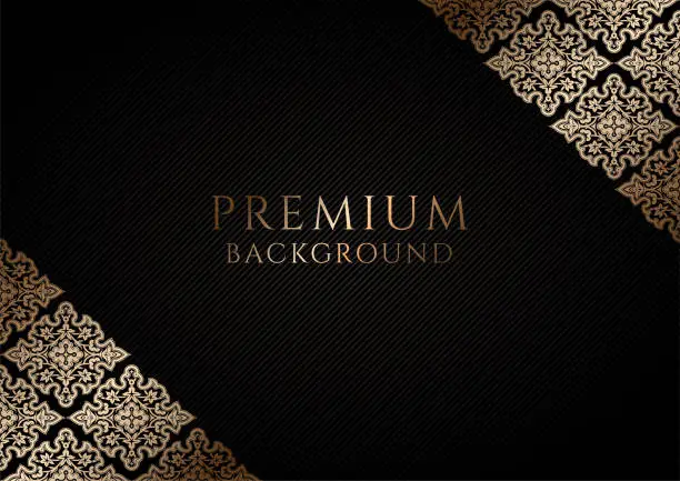 Vector illustration of Premium black background in horizontal format with ornamental golden corners and centered space for text