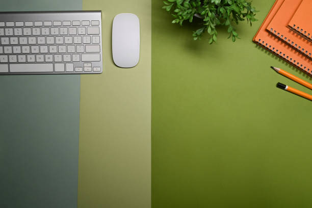 istock Above view wireless keyboard, houseplant and notebook on green background. 1363733146
