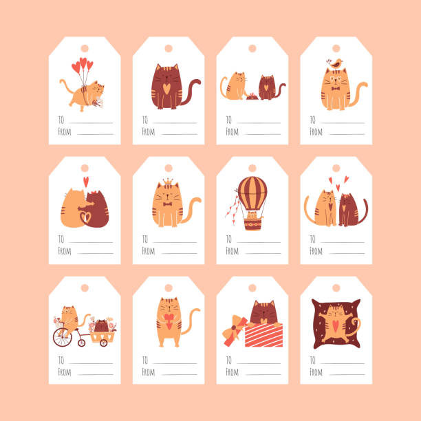 ilustrações de stock, clip art, desenhos animados e ícones de a set of gift tags with cute cartoon cats for valentine's day. a collection of present labels with illustrations and the words to, from. color vector illustrations on a white background. - valentines day gift white background gift box