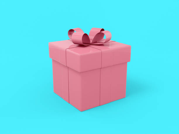 istock Pink mono color gift box with ribbon and bow on a blue solid background. Minimalistic design object. 3d rendering icon ui ux interface element. 1363734143