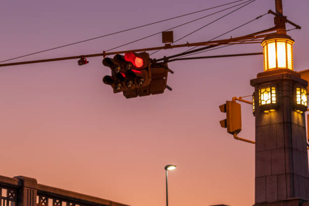 Traffic lights and purple sky at dusk