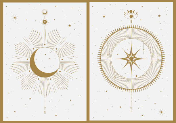 istock Set of two gold and beige aesthetic geometric harmonious vintage backgrounds with solar system elements. 1363734785