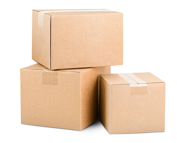 three cardboard boxes three cardboard boxes on white isolated background cardboard box photos stock pictures, royalty-free photos & images