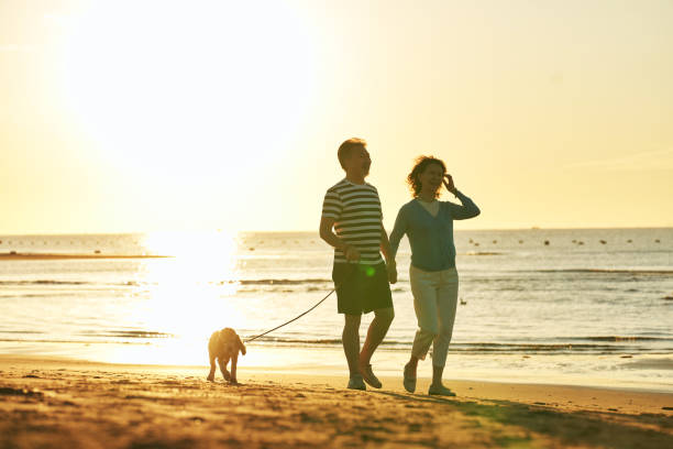 istock Elderly couple walking on the beach 1363734976