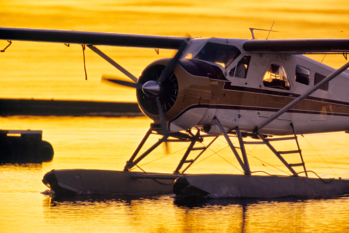 Seaplane at sunset docked in Provincial capital city of Victoria  on Vancouver Island, British Columbia