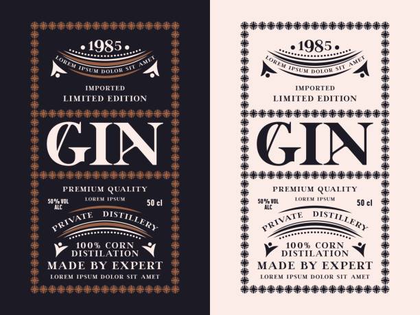 illustrations, cliparts, dessins animés et icônes de ensemble d’étiquette décorative modèle pour gin - gin