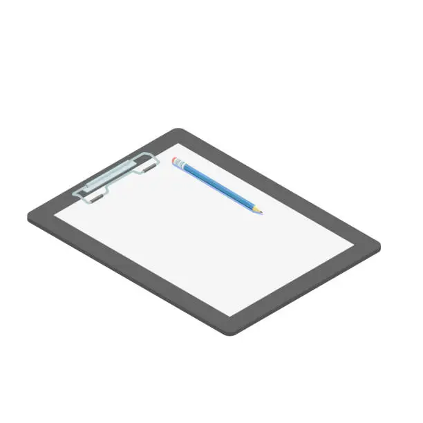 Vector illustration of Clipboard in flat style with white empty sheet and blue pencil.