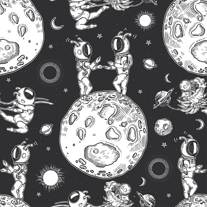 Astronauts, planets and flowers. Seamless pattern. Space illustration. Surrealism