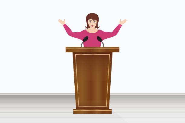 istock Woman speaker talking from the rostrum tribune, vector illustration 1363742189