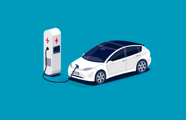 Modern Electric Car Charging Parking at the Charger Station Modern electric car charging parking at the charger station with a plug in cable. Isolated flat vector illustration with fast charge stall and plug in cable. Electrified transportation e-motion. cartoon of the mobile phone charger stock illustrations