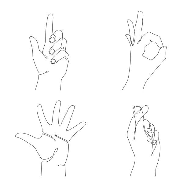 Hand gesture set, one line art, continuous contour drawing, hand-drawn.Five fingers, diraction, flick, ok sign.Palm and wrist, sign translation. Editable stroke.Isolated.Vector illustration mudra stock illustrations