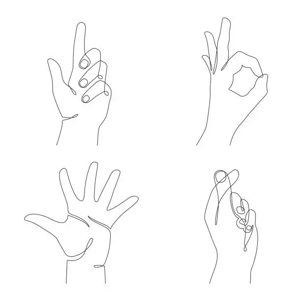 Vector illustration of Hand gesture set, one line art, continuous contour drawing, hand-drawn.Five fingers, diraction, flick, ok sign.Palm and wrist, sign translation.