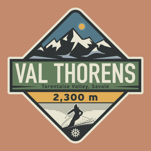 ilustrações de stock, clip art, desenhos animados e ícones de emblem with the name of val thorens, france - trois vallees illustrations