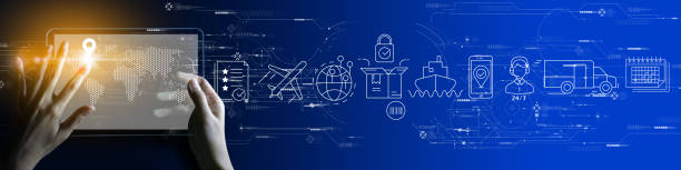 istock Businesswoman hand using Digital tablet computer of global logistics network distribution and transportation Ui, Smart logistics, Innovation future of transport on blue background. 1363744774