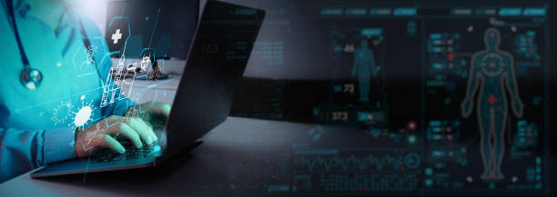 istock Medicine doctor and laptop computer research and analysis. Diagnose checking coronavirus or covid-19 testing result with virtual screen in laboratory concept. 1363744921