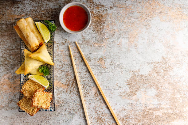 Dim sum, spring roll on a plate.