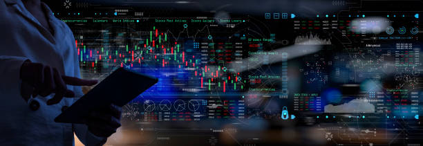 istock Business woman working with digital tablet computer touch screen with Finance Content marketing  concept on dark background. 1363746688