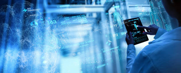 istock Female Doctor surgeon analyzing patient brain with human anatomy on technological digital tablet futuristic Ui and digital holographic innovative with science and medicine concept. 1363746925