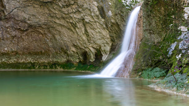 istock A waterfall that falls into a green lake 1363747410
