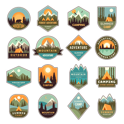 Summer camp badges. Mountain exploring labels outdoor adventure of scout in forest nature emblem recent vector templates set isolated. Illustration of emblem logo, forest mountain