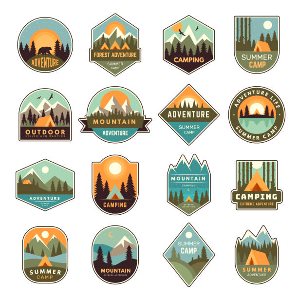 Summer camp badges. Mountain exploring labels outdoor adventure of scout in forest nature emblem recent vector templates set isolated Summer camp badges. Mountain exploring labels outdoor adventure of scout in forest nature emblem recent vector templates set isolated. Illustration of emblem logo, forest mountain adventure stock illustrations