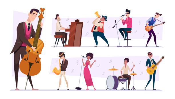 ilustrações, clipart, desenhos animados e ícones de banda de jazz. personagens de músicos de desenho animado tocando em sax de guitarra e piano pessoas exatas vetor set - rock bass